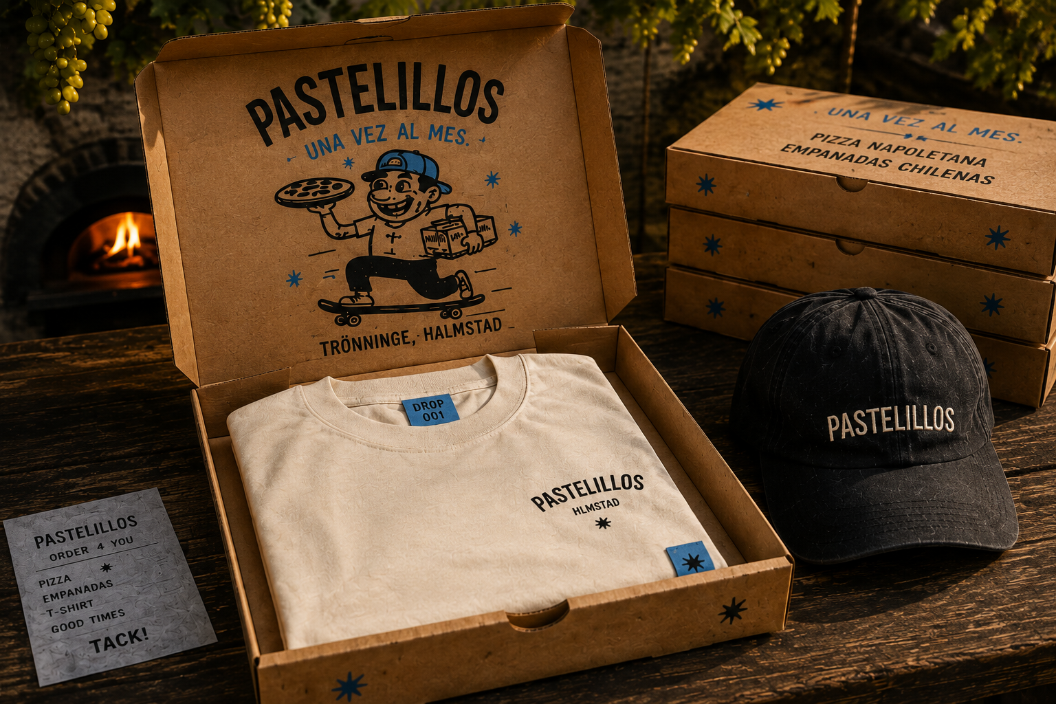 Pastelillos Tee Drop 001 levererad i en pizzakartong